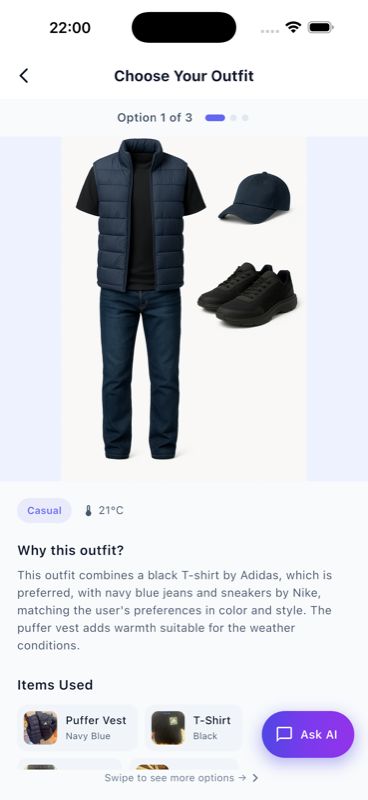Choose Your Outfit screen with a complete flat-lay outfit, why-this-outfit reasoning and Ask AI button